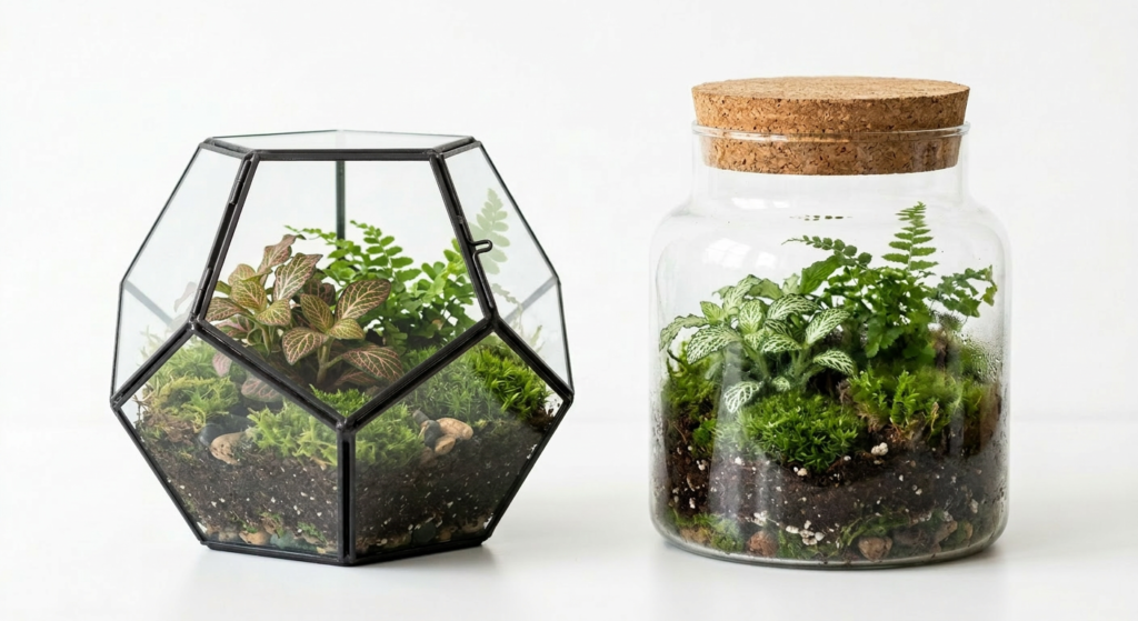 Comparison of geometric terrarium and sealed jar with cork stopper